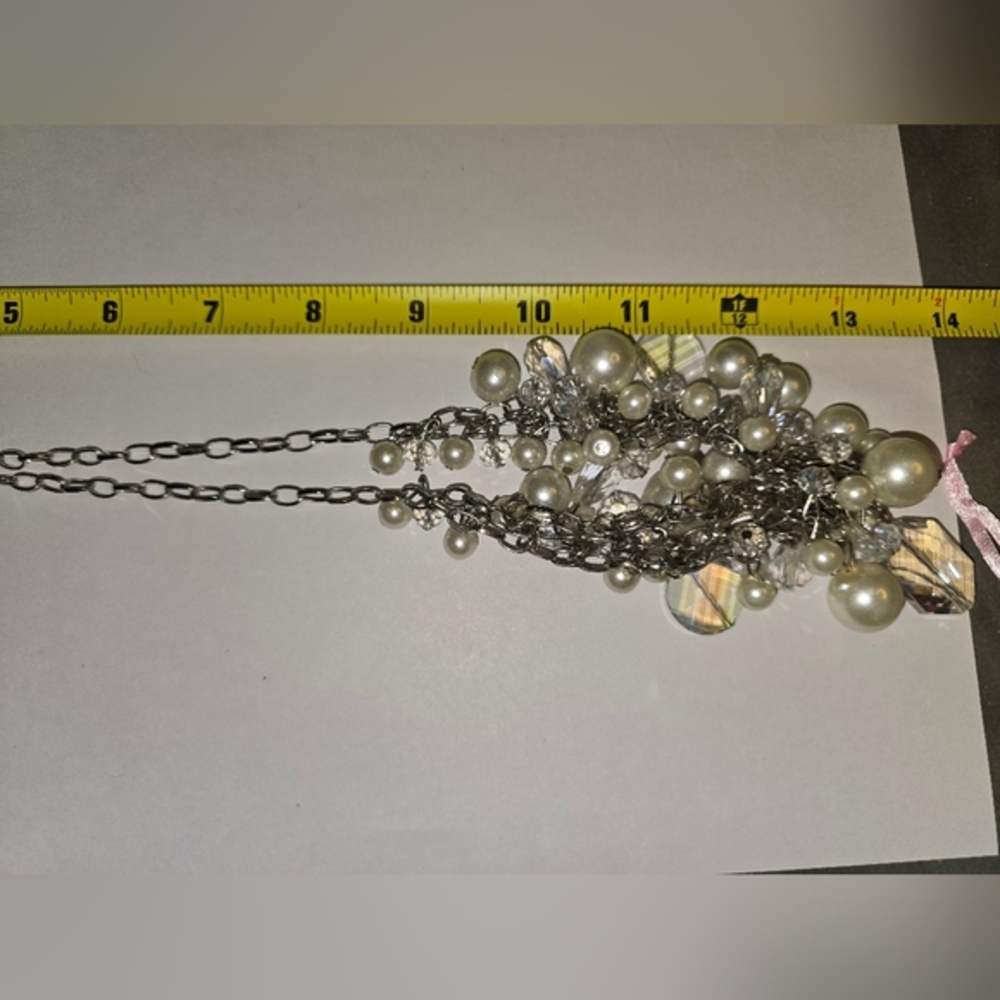 Treska Silver Faux Pearl and Iridescent Crystal Cluster Statement Bib Necklace - Picture 6 of 7